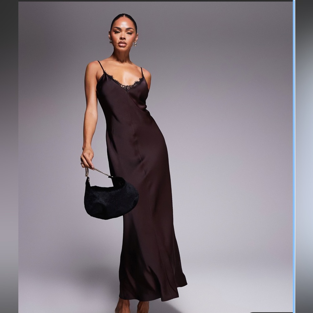NWT ASOS DESIGN v neck lace trim satin slip maxi dress in chocolate
